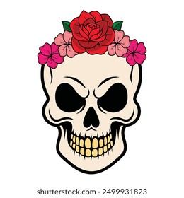 Einzigartiges Totenkopf-Design mit bunten Blumen geschmückt, Mischung makabre mit Schönheit. Perfekt für Projekte, die eine lebendige und florale Note benötigen