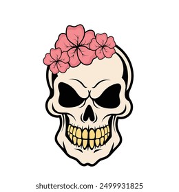 Einzigartiges Totenkopf-Design mit bunten Blumen geschmückt, Mischung makabre mit Schönheit. Perfekt für Projekte, die eine lebendige und florale Note benötigen