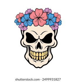 Einzigartiges Totenkopf-Design mit bunten Blumen geschmückt, Mischung makabre mit Schönheit. Perfekt für Projekte, die eine lebendige und florale Note benötigen