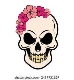 Einzigartiges Totenkopf-Design mit bunten Blumen geschmückt, Mischung makabre mit Schönheit. Perfekt für Projekte, die eine lebendige und florale Note benötigen