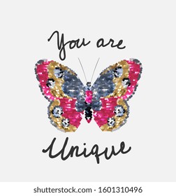 Unique Slogan With Butterfly Sequins Illustration For Fashion Print