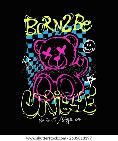 unique slogan with grunge bear doll outline on check background vector illustration 