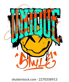 Unique Smile slogan with happy face emoji in graffiti street art style