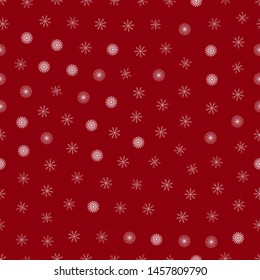 Unique snowflakes seamless pattern, white snowflakes on red background, сhristmas pattern, wrapping paper, print. Vector illustration