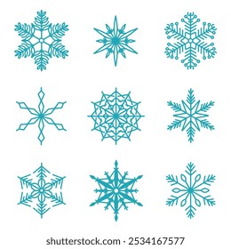 Unique snowflakes set, detailed hand drawn flat vector line illustration. Graphic outline drawing. Christmas and New Year symbol. Beautiful snowflake silhouette icon for frosty winter designs.