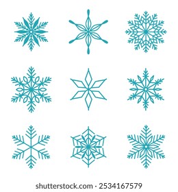 Conjunto único de copos de nieve, ilustración detallada de línea de Vector plano dibujado a mano. Dibujo de contorno gráfico. Navidades y símbolo del Año Nuevo. Hermoso icono de silueta de copo de nieve para diseños de invierno helado.
