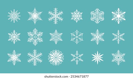 Conjunto único de copos de nieve, ilustración detallada de línea de Vector plano dibujado a mano. Dibujo de contorno gráfico. Navidades y símbolo del Año Nuevo. Hermoso icono de silueta de copo de nieve para diseños de invierno helado.