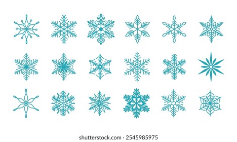 Conjunto de flocos de neve exclusivo, ilustração de linha de vetor plana desenhada à mão detalhada. Desenho de rabiscar de contorno gráfico. Símbolo de Natal e Ano Novo. Ícone de silhueta bonito floco de neve para projetos de inverno gelado.