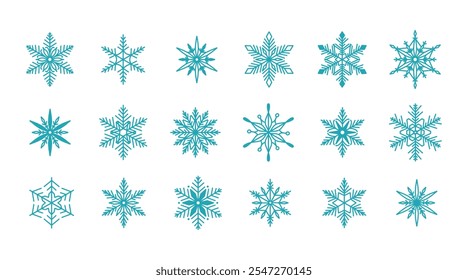 Conjunto de flocos de neve exclusivo, ilustração de linha de vetor plana desenhada à mão detalhada. Desenho de rabiscar de contorno gráfico. Símbolo de Natal e Ano Novo. Ícone de silhueta bonito floco de neve para projetos de inverno gelado.