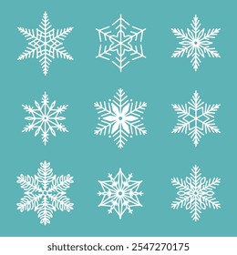 Conjunto único de copos de nieve, ilustración detallada de línea de Vector plano dibujado a mano. Dibujo de contorno gráfico. Navidades y símbolo del Año Nuevo. Hermoso icono de silueta de copo de nieve para diseños de invierno helado.