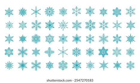 Unique snowflakes set, detailed hand drawn flat vector line illustration. Graphic outline doodle drawing. Christmas and New Year symbol. Beautiful snowflake silhouette icon for frosty winter designs.