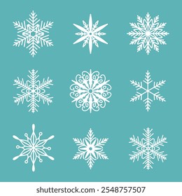 Conjunto de flocos de neve exclusivo, ilustração de linha de vetor plana desenhada à mão detalhada. Desenho de contorno gráfico. Símbolo de Natal e Ano Novo. Ícone de silhueta bonito floco de neve para projetos de inverno gelado.