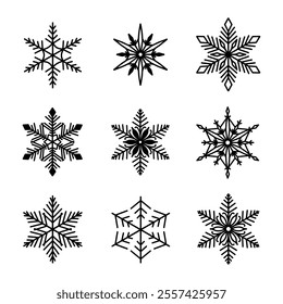 Unique snowflakes set, detailed hand drawn flat vector line illustration. Graphic outline drawing. Christmas and New Year symbol. Beautiful snowflake silhouette icon for frosty winter designs.