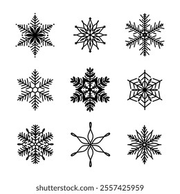 Conjunto único de copos de nieve, ilustración detallada de línea de Vector plano dibujado a mano. Dibujo de contorno gráfico. Navidades y símbolo del Año Nuevo. Hermoso icono de silueta de copo de nieve para diseños de invierno helado.