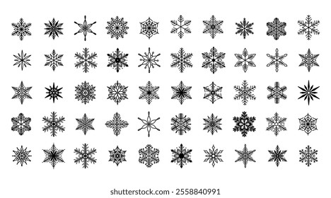 Conjunto de flocos de neve exclusivo, ilustração de linha de vetor plana desenhada à mão detalhada. Desenho de contorno gráfico. Símbolo de Natal e Ano Novo. Ícone de silhueta bonito floco de neve para projetos de inverno gelado.