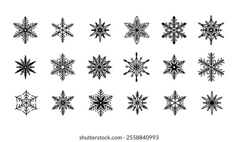 Unique snowflakes set, detailed hand drawn flat vector line illustration. Graphic outline drawing. Christmas and New Year symbol. Beautiful snowflake silhouette icon for frosty winter designs.