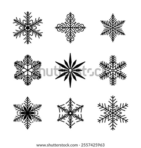 Unique snowflakes set, detailed hand drawn flat vector line illustration. Graphic outline drawing. Christmas and New Year symbol. Beautiful snowflake silhouette icon for frosty winter designs.