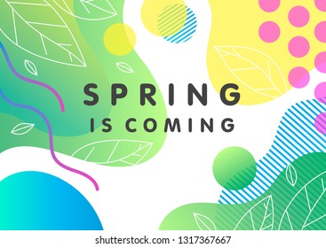 Unique spring card with bright gradient background,tiny leaves,fluid shapes and geometric elements in memphis style.Bright abstract layout perfect for prints,flyers,banners,invitations,covers and more