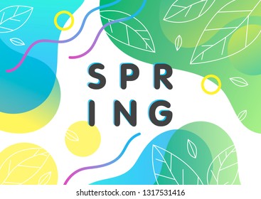 Unique spring card with bright gradient background,tiny leaves,fluid shapes and geometric elements in memphis style.Bright abstract layout perfect for prints,flyers,banners,invitations,covers and more