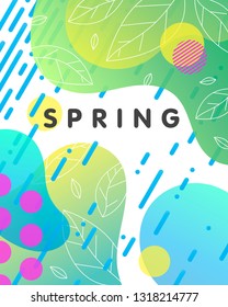 Unique spring card with bright gradient background,tiny leaves,fluid shapes and geometric elements in memphis style.Bright abstract layout perfect for prints,flyers,banners,invitations,covers and more