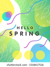 Unique spring card with bright gradient background,tiny leaves,fluid shapes and geometric elements in memphis style.Bright abstract layout perfect for prints,flyers,banners,invitations,covers and more