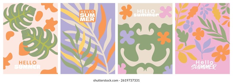 Unique spring to summer greeting cards set leaves, flower. Abstract and minimalist shape poster, banner, covers, ads ,branding, holiday celebration template
