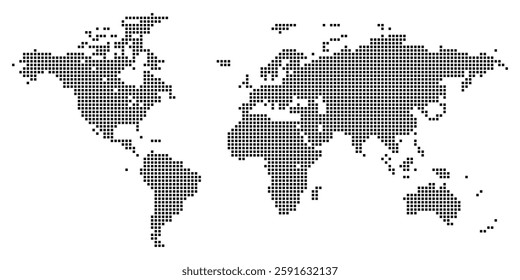 A unique squire dotted map of the world in a modern geometric layout. This dotted world map is perfect for showcasing globalization, continents, and connectivity in an abstract vector style.