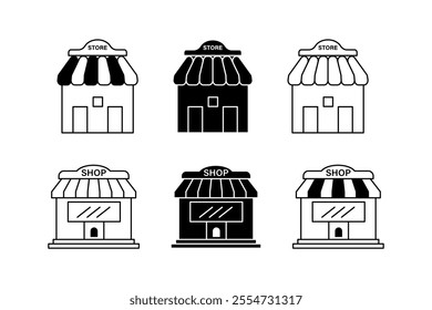 Unique Store Front View Icons Collection for Ecommerce Sites, High-Quality Shop Front View Icons for Visual Merchandising, shop, store, icon, retail, business, ecommerce, marketplace, cart, sale