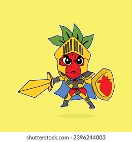 Unique strawberry knight with gold sword flat icon vector print ready for web