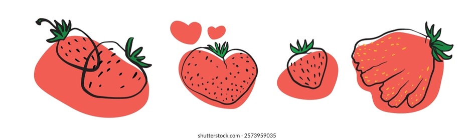 unique strawberry shapes illustration set, including heart-shaped and paired berries, with stylized red shadows. for romantic designs, culinary art, eco-friendly packaging, or seasonal decorations.