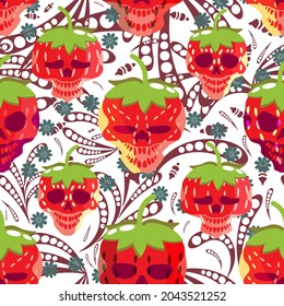 Unique strawberry and skull seamless pattern. repeating abstract textures. spooky BG. Colorful pictures. For Halloween celebration, fabric design, gift wrapping, wallpaper, background, Fashion style.