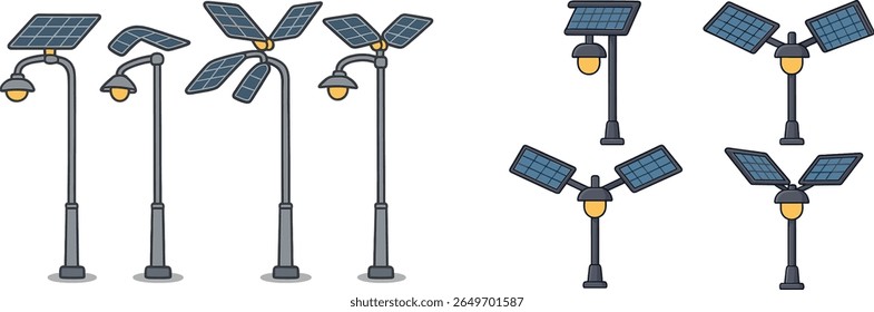 Lâmpadas de rua únicas com painéis solares mostram uma mistura de estilo e sustentabilidade. Estas luminárias são ideais para melhorar a eficiência energética nas paisagens das cidades durante o dia.
