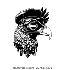Unique and striking Hand drawn line art illustration of an eagle wearing a steampunk hat, showcasing a fusion of mechanical and natural elements