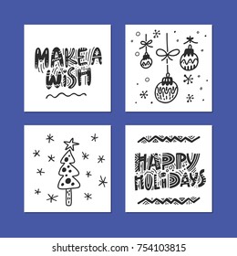 Unique style black and white lettering with winter holiday symbols. Christmas and New Year handdrawn collection made in freehand style.  