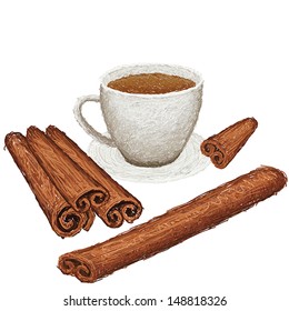 unique style illustration of cinamon sticks and a cup of cinamon drink isolated in whtie background. 