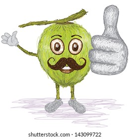 unique style illustration of funny, happy cartoon green coconut fruit with mustache waving, giving thumbs up gesture. 