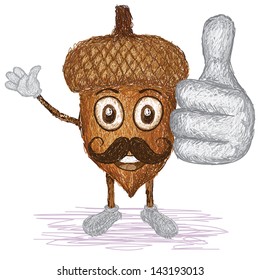 unique style illustration of funny, happy cartoon brown acorn nut with mustache waving, giving thumbs up gesture. 