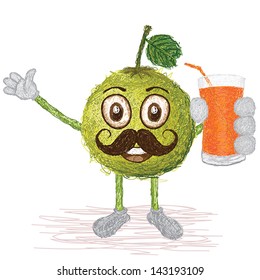 unique style illustration of funny, happy cartoon green pomelo fruit with mustache holding a glass of pomelo juice waving. 