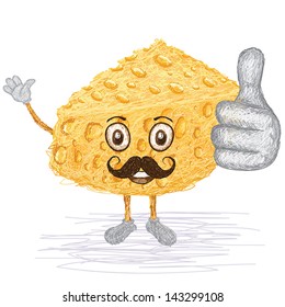 unique style illustration of funny, happy cartoon cheese with mustache waving, giving thumbs up gesture. 