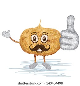 unique style illustration of funny, happy cartoon juicy jicama fruit with mustache waving, giving thumbs up gesture. 