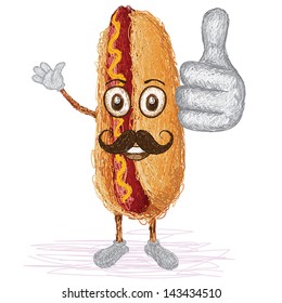 unique style illustration of funny, happy cartoon hotdog sandwhich with mustache waving, giving thumbs up gesture. 