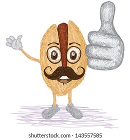 unique style illustration of funny, happy cartoon pistachio nut with mustache waving, giving thumbs up gesture. 