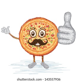 unique style illustration of funny, happy cartoon whole pizza with mustache waving, giving thumbs up gesture. 