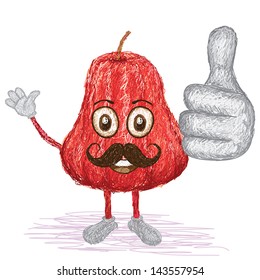 unique style illustration of funny, happy cartoon red rose apple fruit with mustache waving, giving thumbs up gesture. 