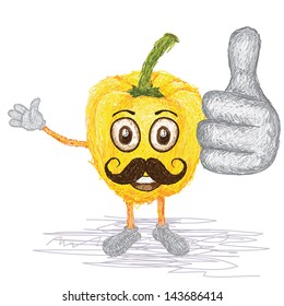 unique style illustration of funny, happy cartoon yellow bell pepper vegetable with mustache waving, giving thumbs up gesture. 
