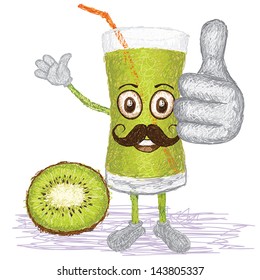 unique style illustration of funny, happy cartoon green kiwi fruit juice glass with mustache waving, giving thumbs up gesture. 