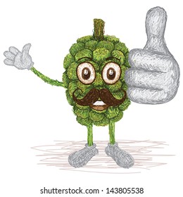 unique style illustration of funny, happy cartoon green pandanus fruit with mustache waving, giving thumbs up gesture. 