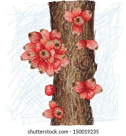 unique style illustration of local mountain apples on tree trunk. Scientific name Syzygium stelecantha isolated in white background 