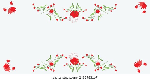  unique style Red tulips and green petals  . Realistic vector illustration for textile , wedding cards, thanksgiving ,invitations, detail tulip bunch  