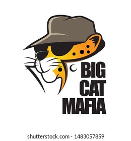 A unique and stylish vector mascot logo featuring a Big Cat Mafia character. The design showcases a leopard or cheetah head wearing a classic fedora hat and dark sunglasses, capturing a cool, rebellious, and powerful aesthetic. Ideal for streetwear apparel, gaming clans, esports teams, creative agencies, music labels, and urban-themed lifestyle brands.